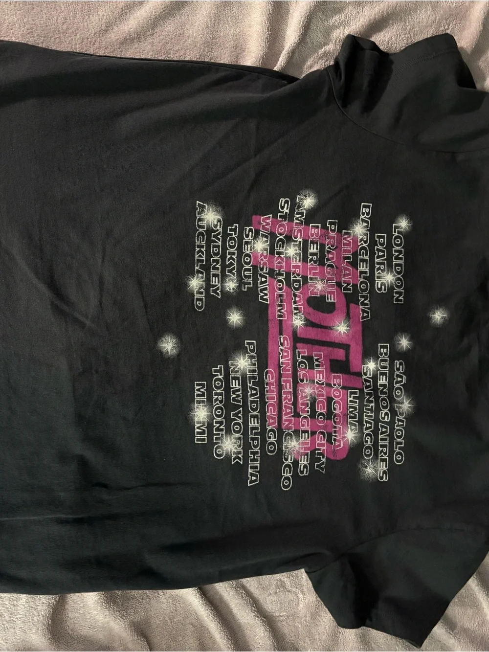 MOTHER Black Tee with Pink Rhinestone 'WORLD TOUR' Graphic
